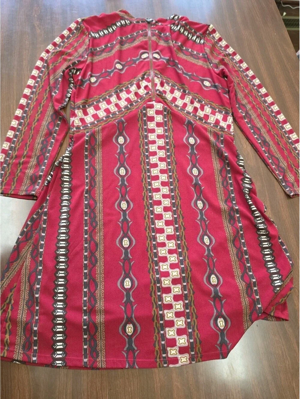 Free People M Mock Neck Long Sleeve Swing Dress Boho Geometric Print Red Black